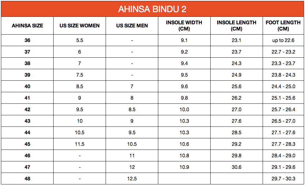 Ahinsa Shoe Size Guide - Natural Foot Health